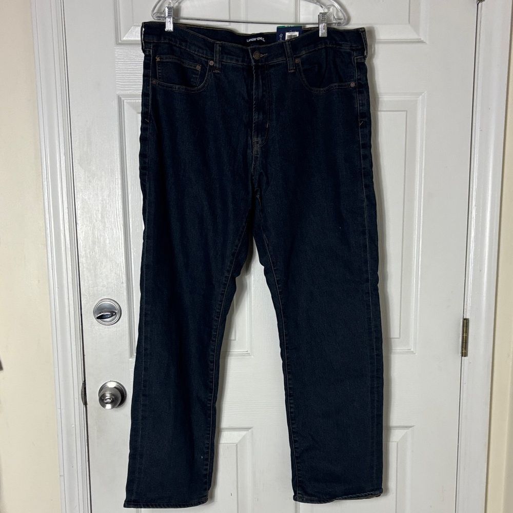 NEW Lands End Flannel Lined Straight Jeans Size 38 X 30 Dark Blue Warm lining
